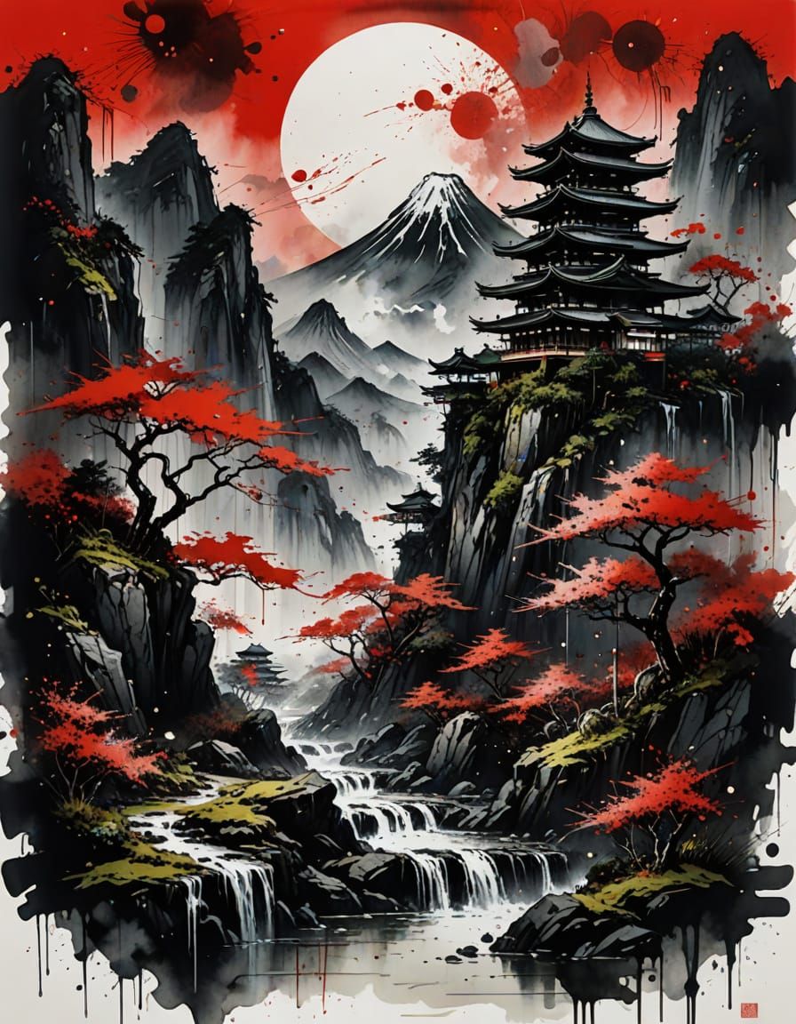 Japanese Mountain Sect Landscape in Black Ink Splatter Art