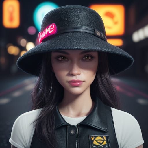 3D Emoji in Felt Hat Against Neon Cityscape