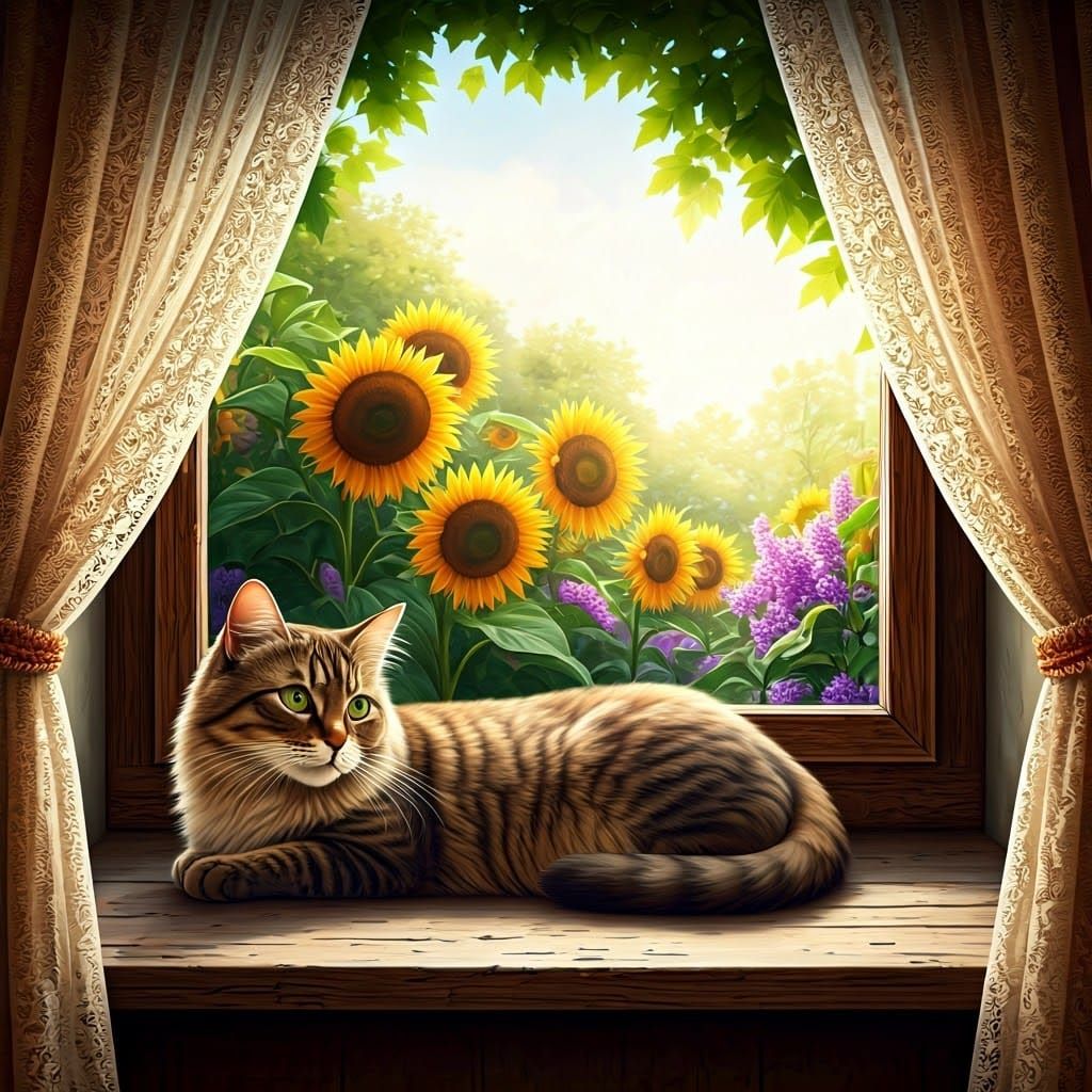 Sleek Tabby Cat Adorns Whimsical Garden Scene in 8K Matte Pa...