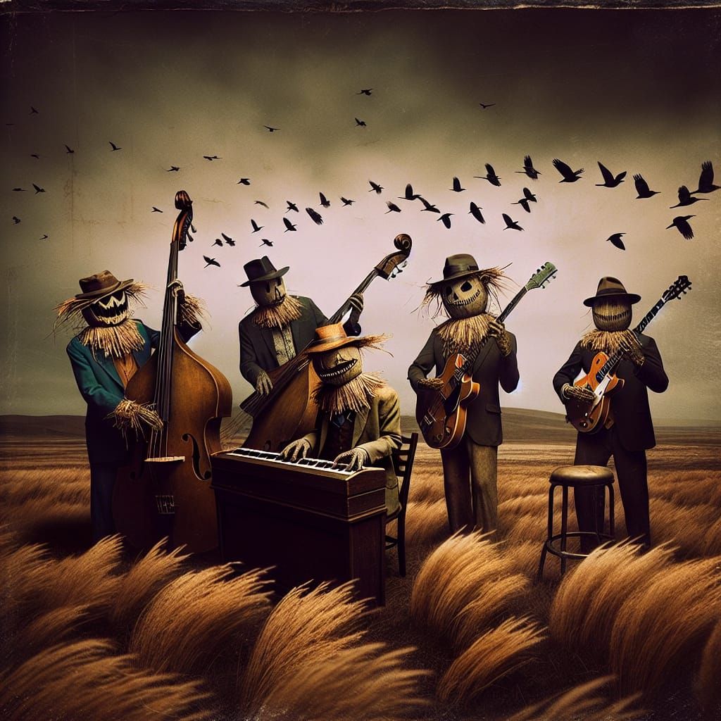 Surreal Scarecrow Jazz Band Performs on Plains in Hyper-Real...