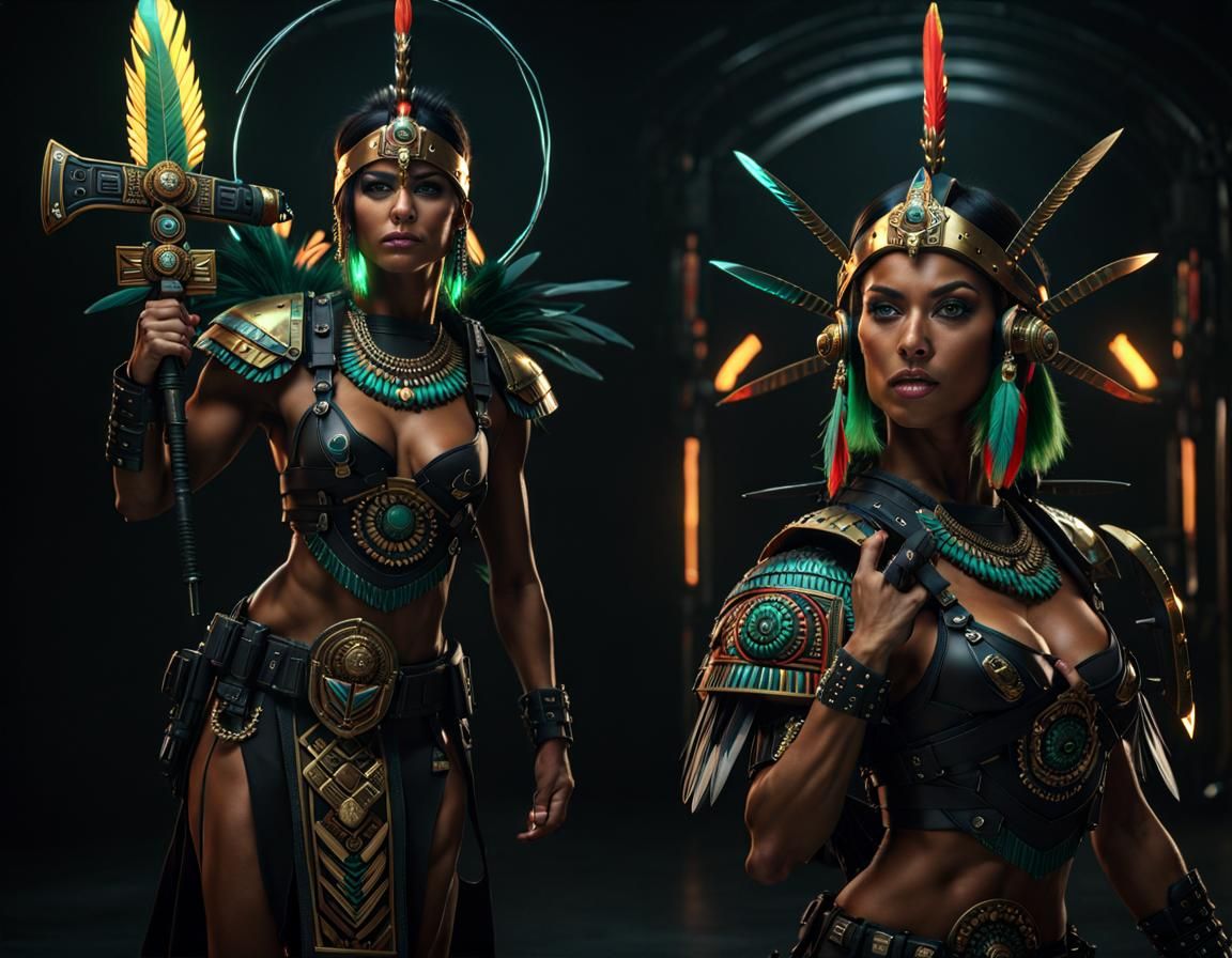 Aztec Warrior Woman with Flaming Sword in Cyberpunk Style
