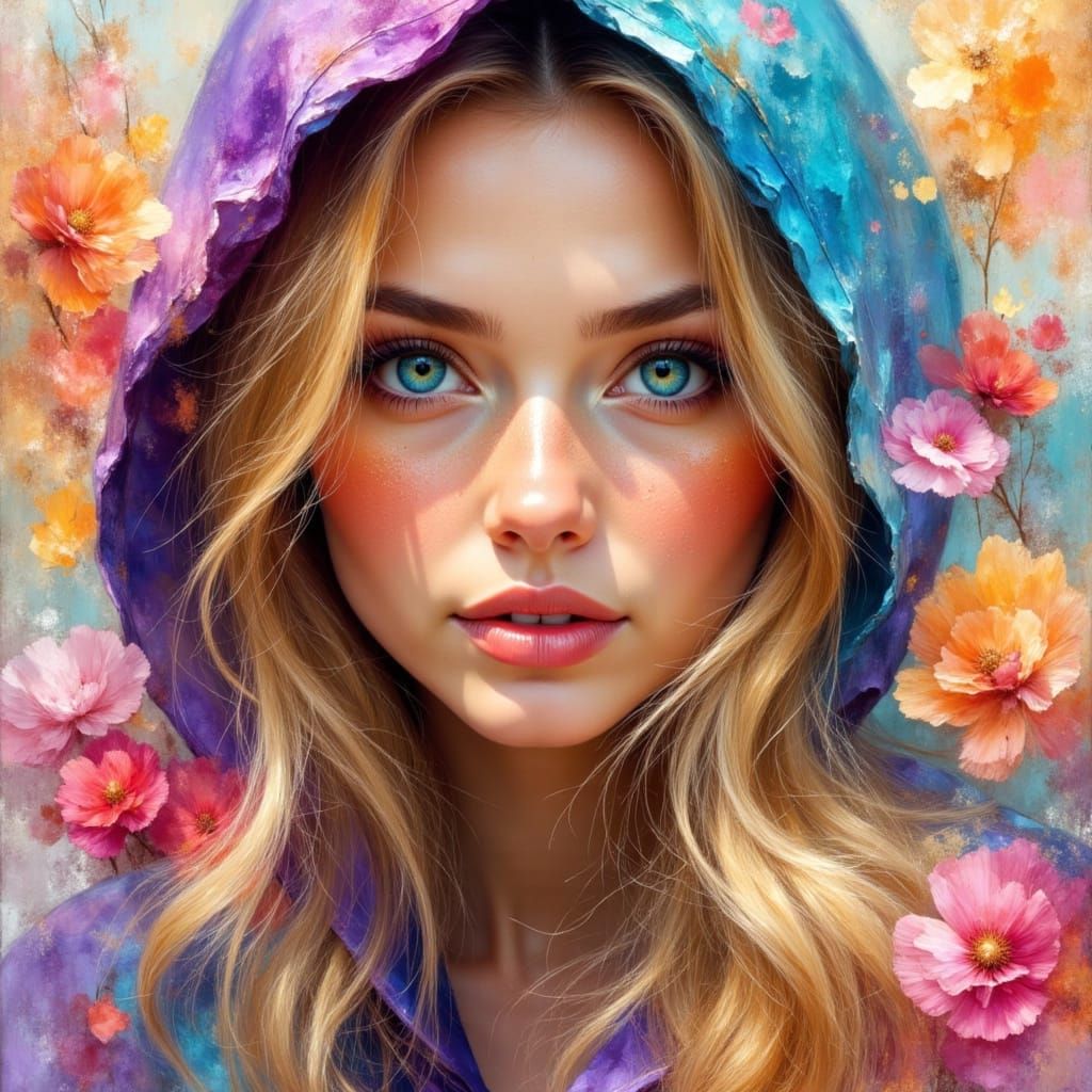 Striking Woman with Hooded Cape in Vibrant Colors