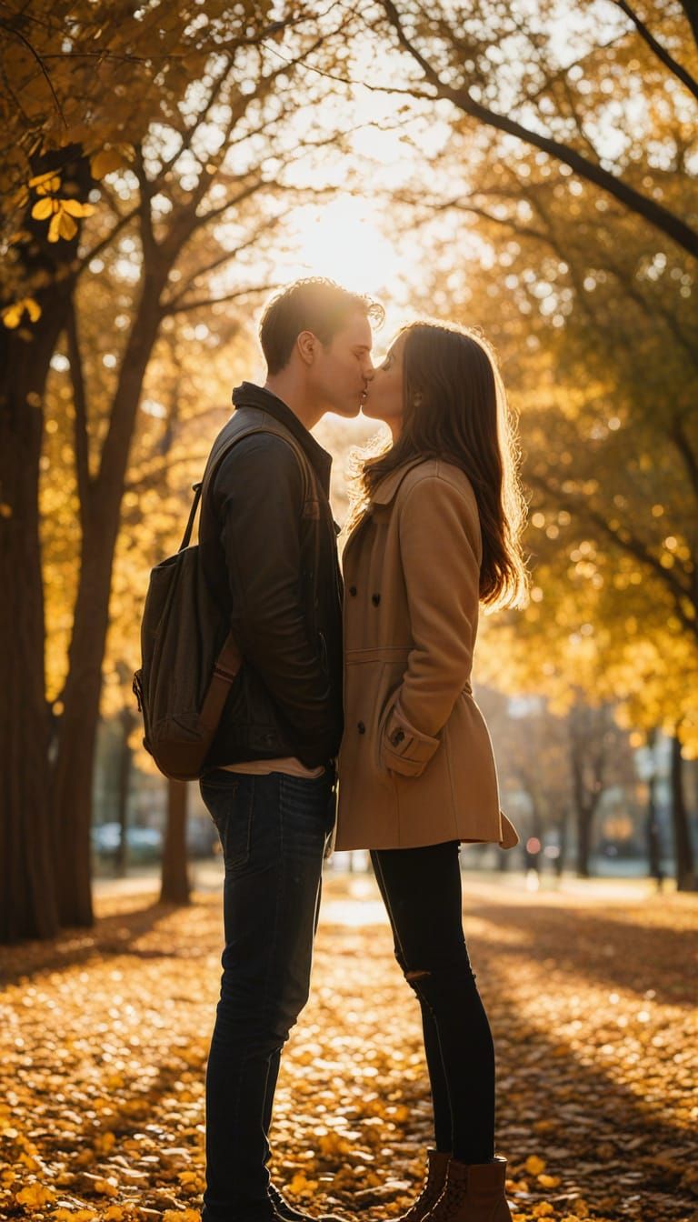 Romantic Couple Kissing in Autumn Park, Cinematic Style