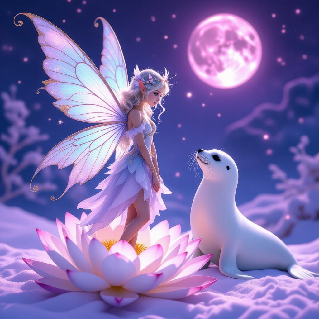 Ethereal Fairy Girl on Lotus with Harpy Seal