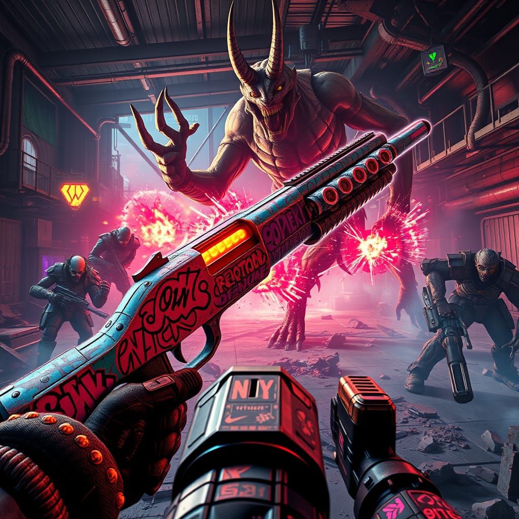 Chaotic Post-Apocalyptic Shooter Scene in Cel-Shaded Style