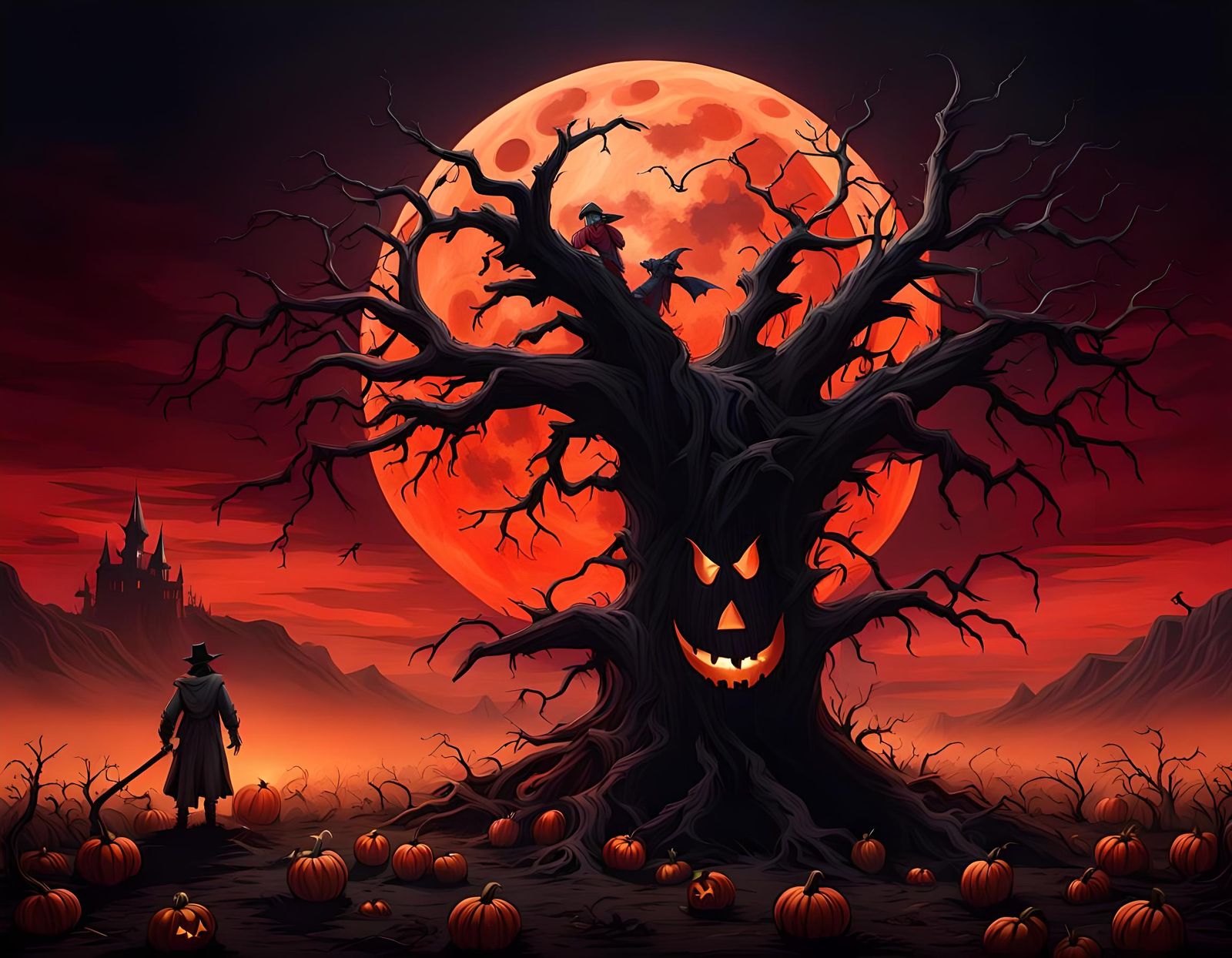 Halloween Pumpkin and Bat in Dark Red Sky