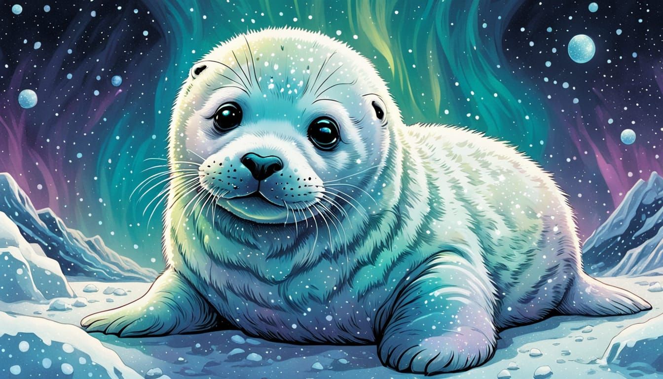 White Seal Pup Playing in Iridescent Snow
