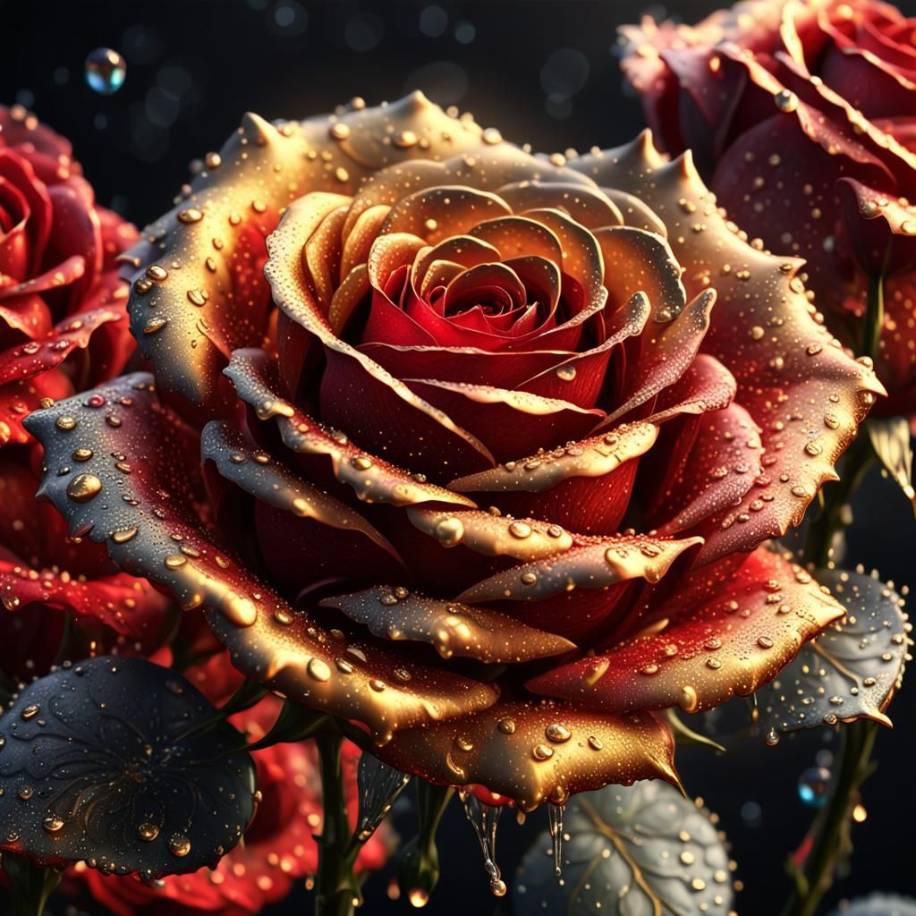 a close up image of a single scarlet and gold with lace effe...