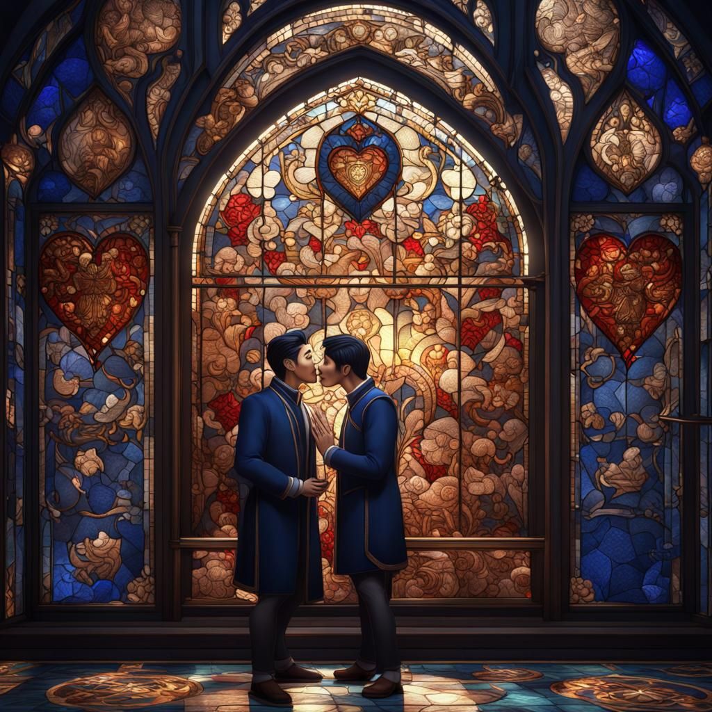 Fantasy Hall: Asian Men Kissing in 3D Stained Glass
