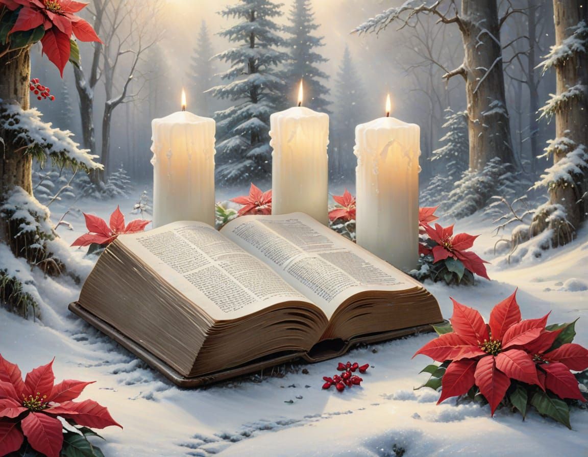 Candles and Poinsettias in Snowy Forest Clearing