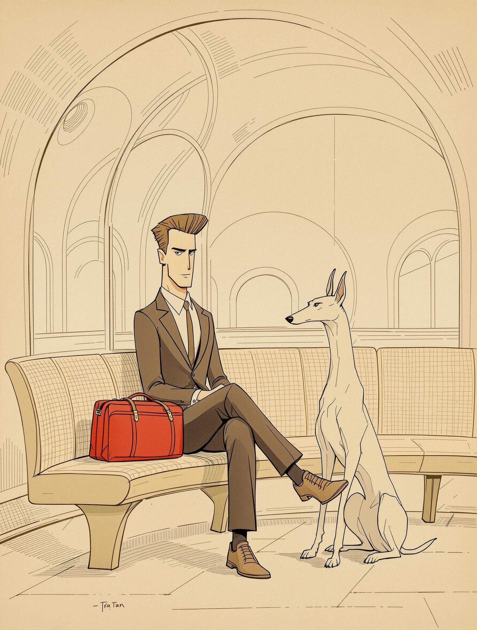 Angular Gentleman and Greyhound Seated in Vintage Train Stat...
