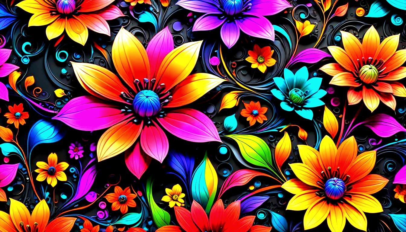 Vibrant 3D Abstract with Gradient Colors and Floral Patterns