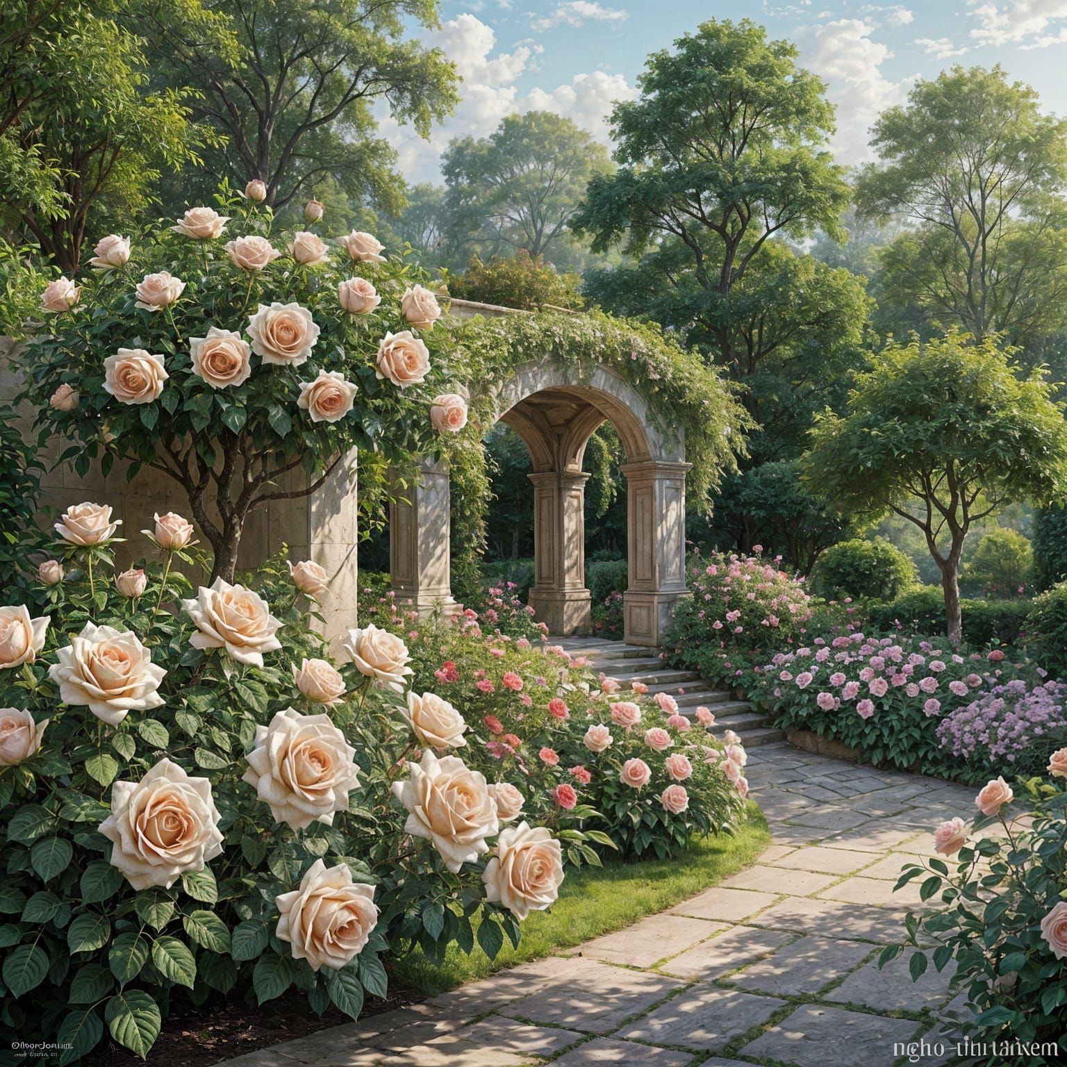Elegant Rose Garden Oil Painting with Lush Foliage