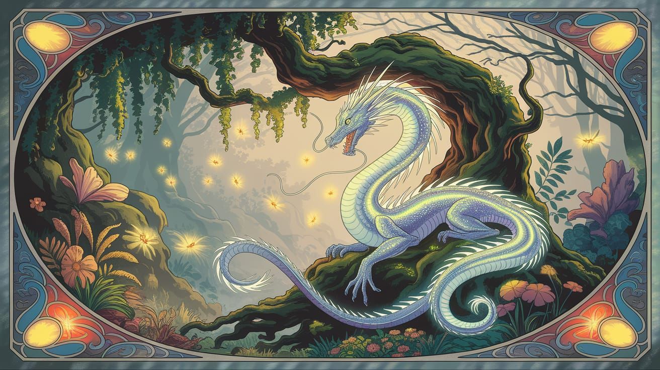 Bioluminescent Dragon in Enchanted Grove, Art Nouveau