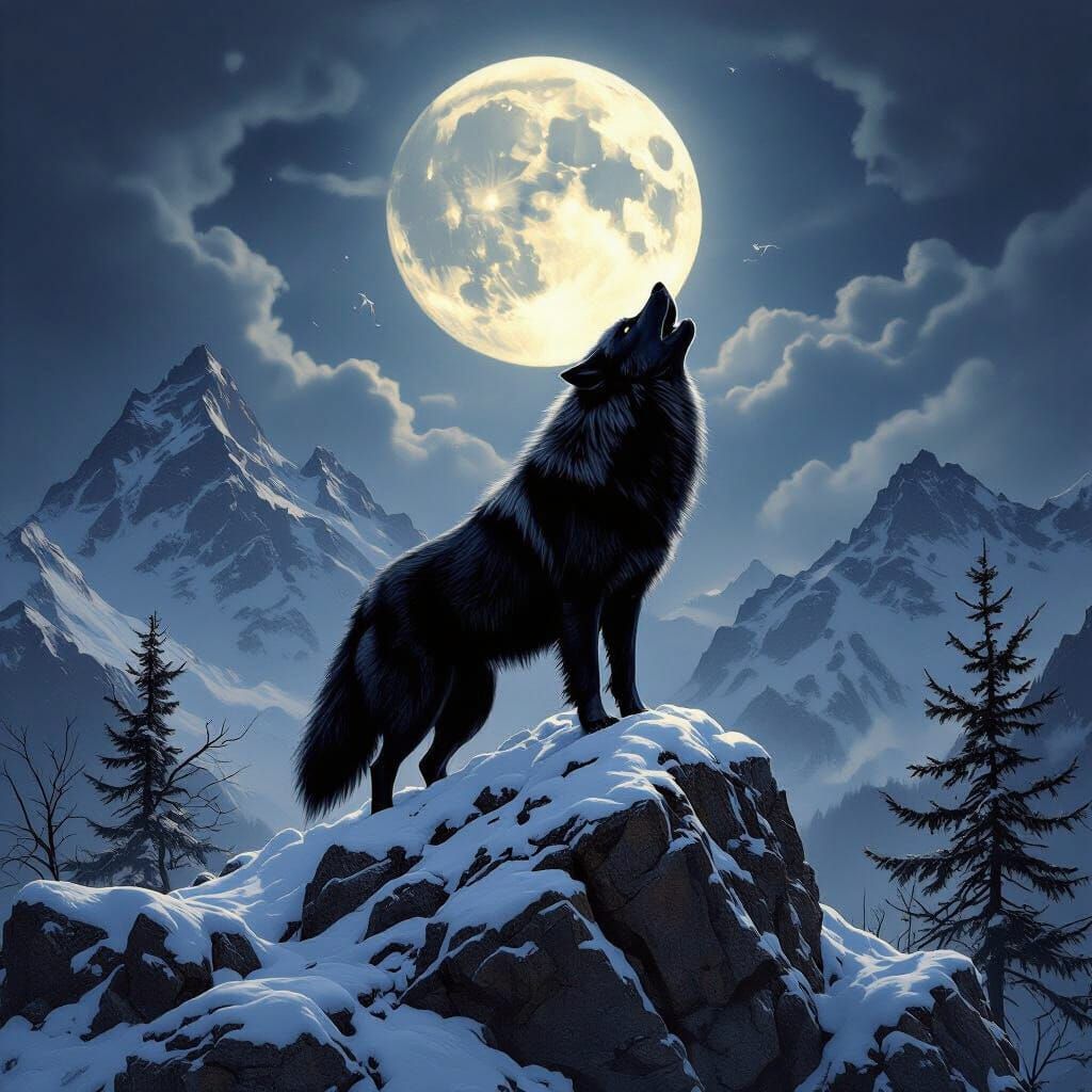 Black Wolf Howling at Moon, Hyperrealistic Dark Fantasy