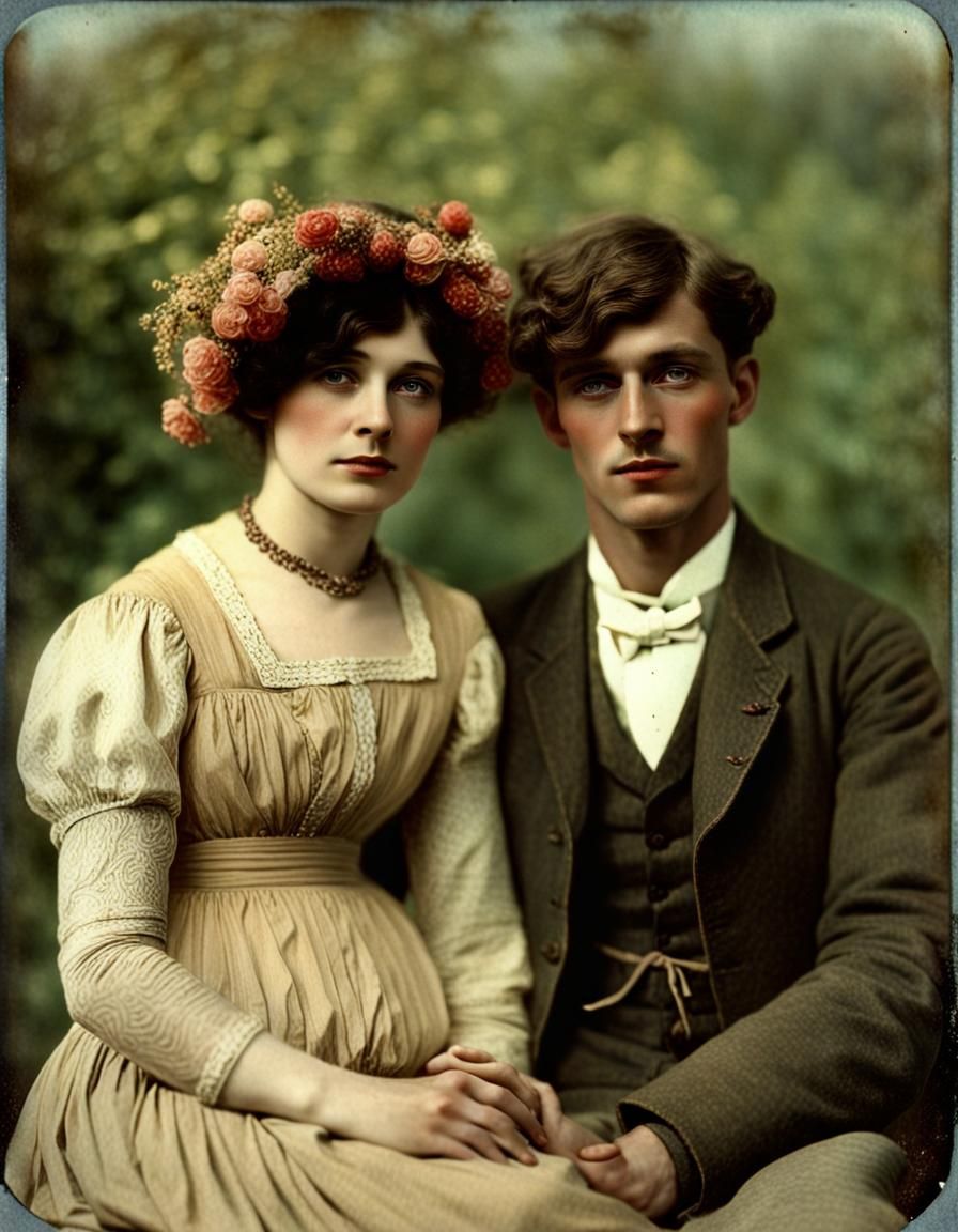 Young Couple in Early 1900s Autochrome Photograph
