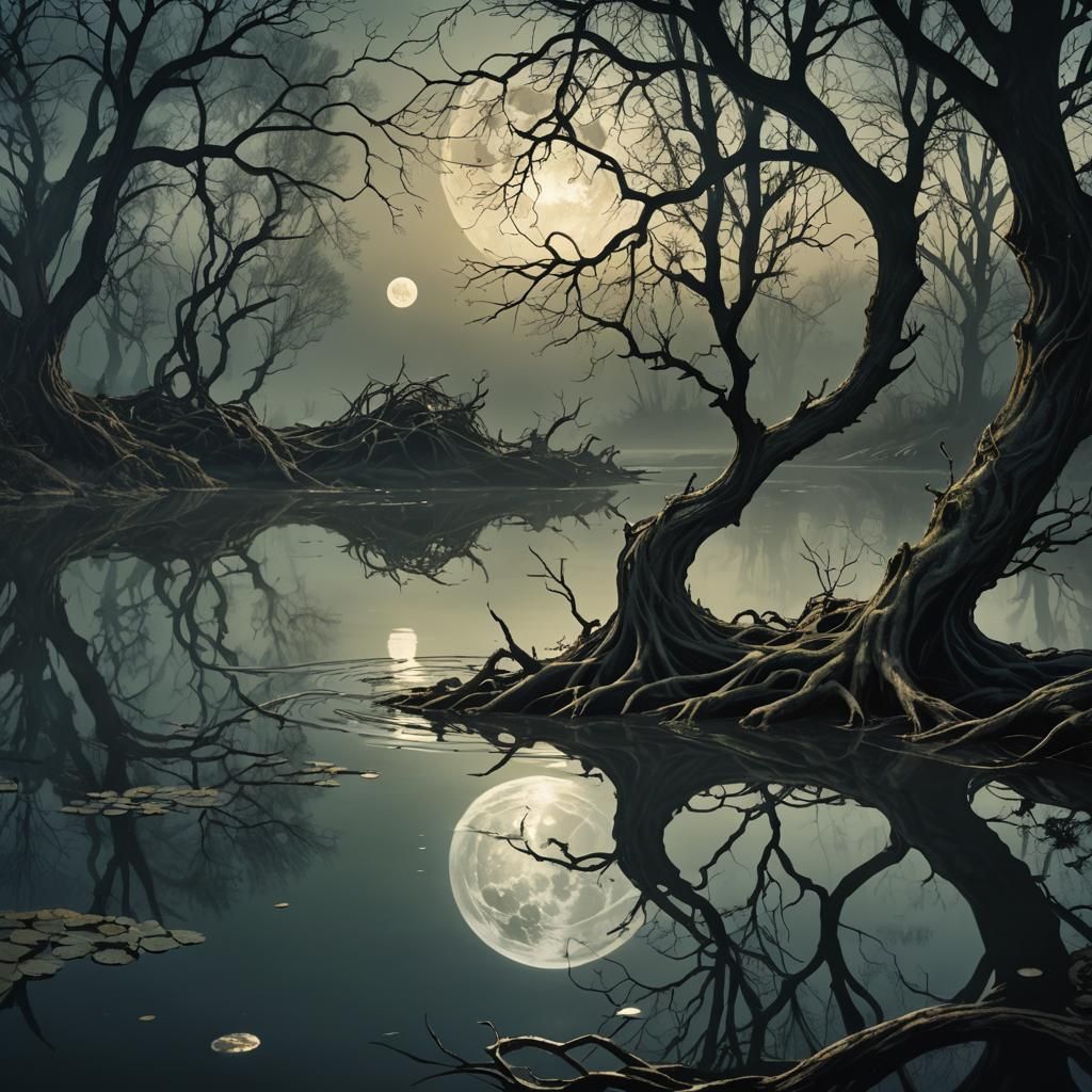 Mysterious Object Under Moonlit River: Dark Fantasy Art