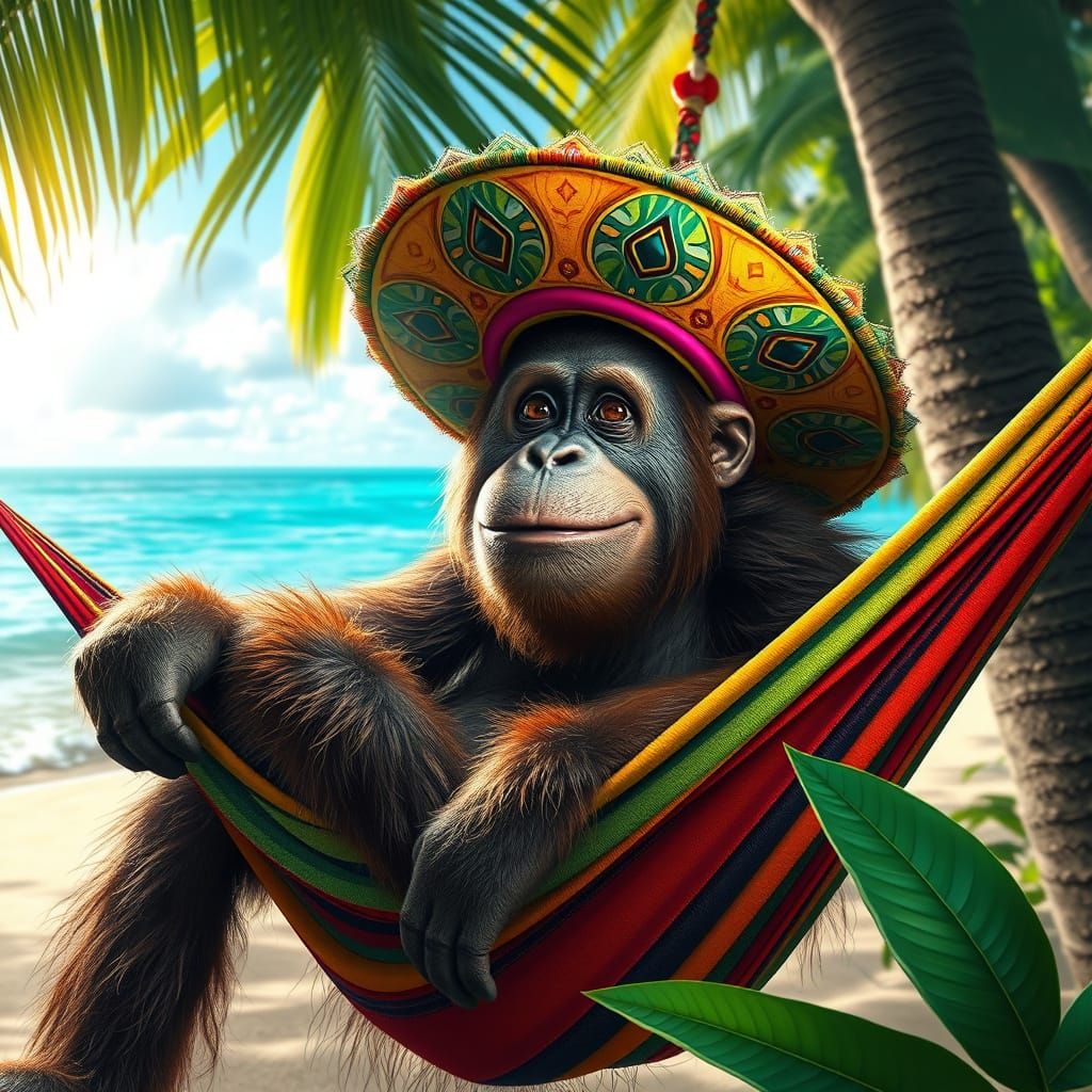 Orangutan in Sombrero on Beach, Retro-Futuristic Art