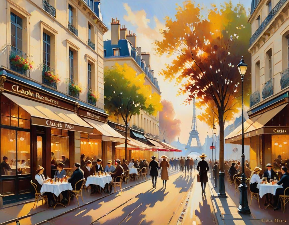Parisian Cafe Scene in Impressionistic Style