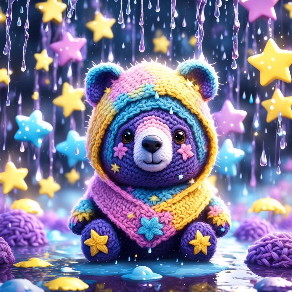 Crochet Bear with Stars in Rainy Night: Detailed Matte Paint...
