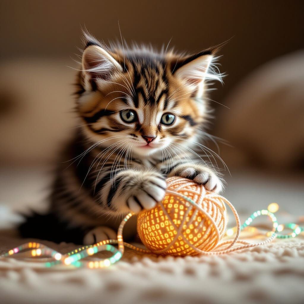 Adorable Kitten Made of Glowing Binary Code in Warm Tones