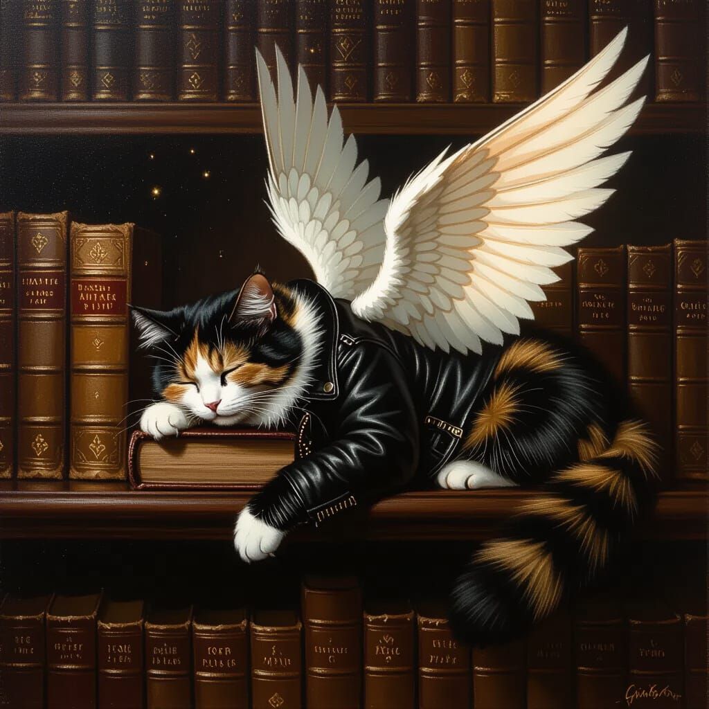 Angelic Tortoiseshell Cat in Leather Jacket on Bookshelf