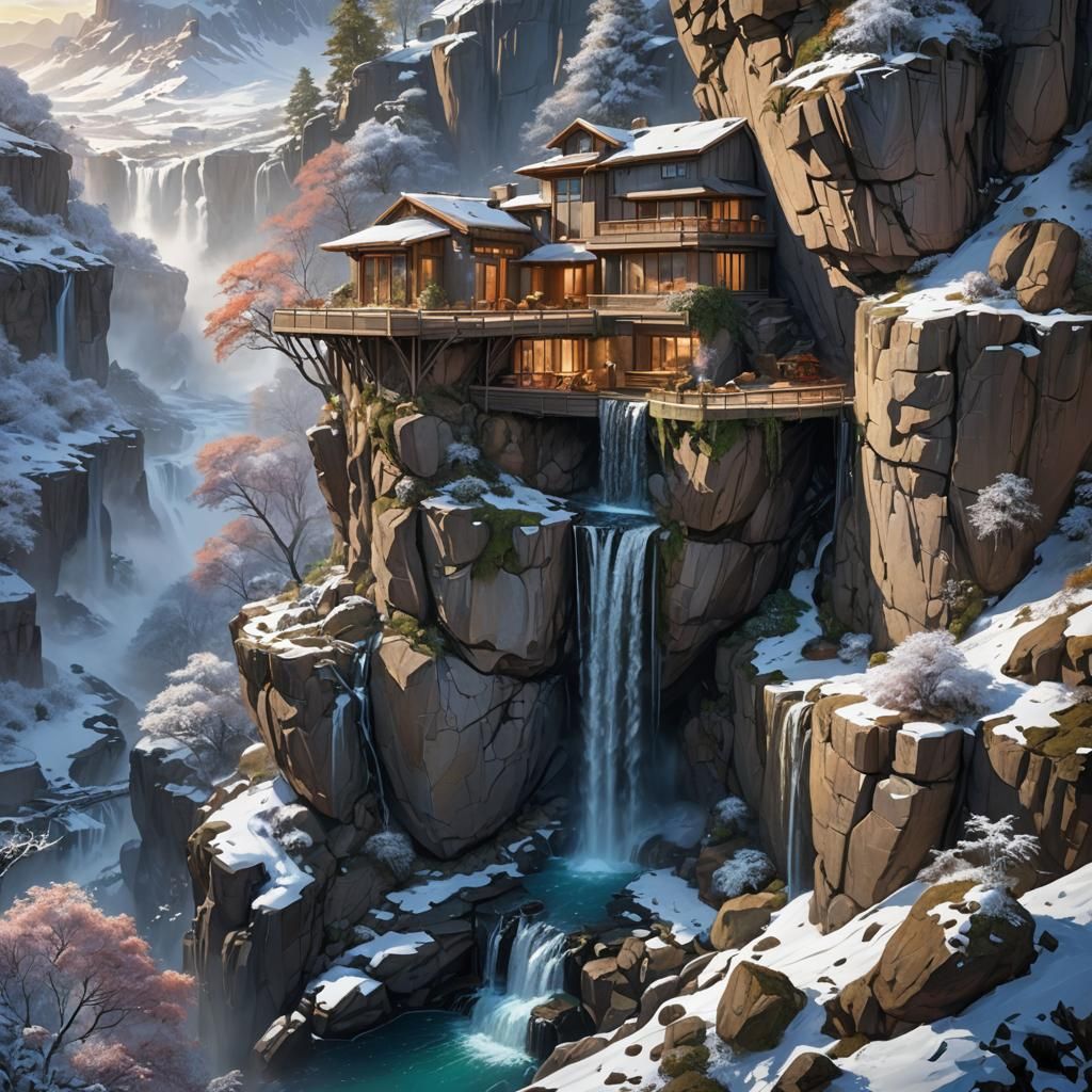 Modern Cliff House with Waterfall in Anime Style