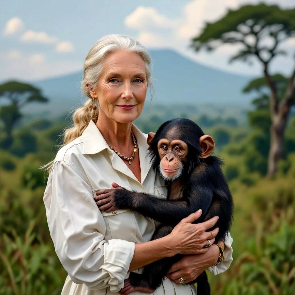 Jane Goodall and Chimpanzee in Gombe, Photorealistic