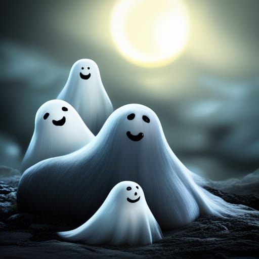 Cute Cuddle Ghosts in Moonlight, Detailed Digital Art