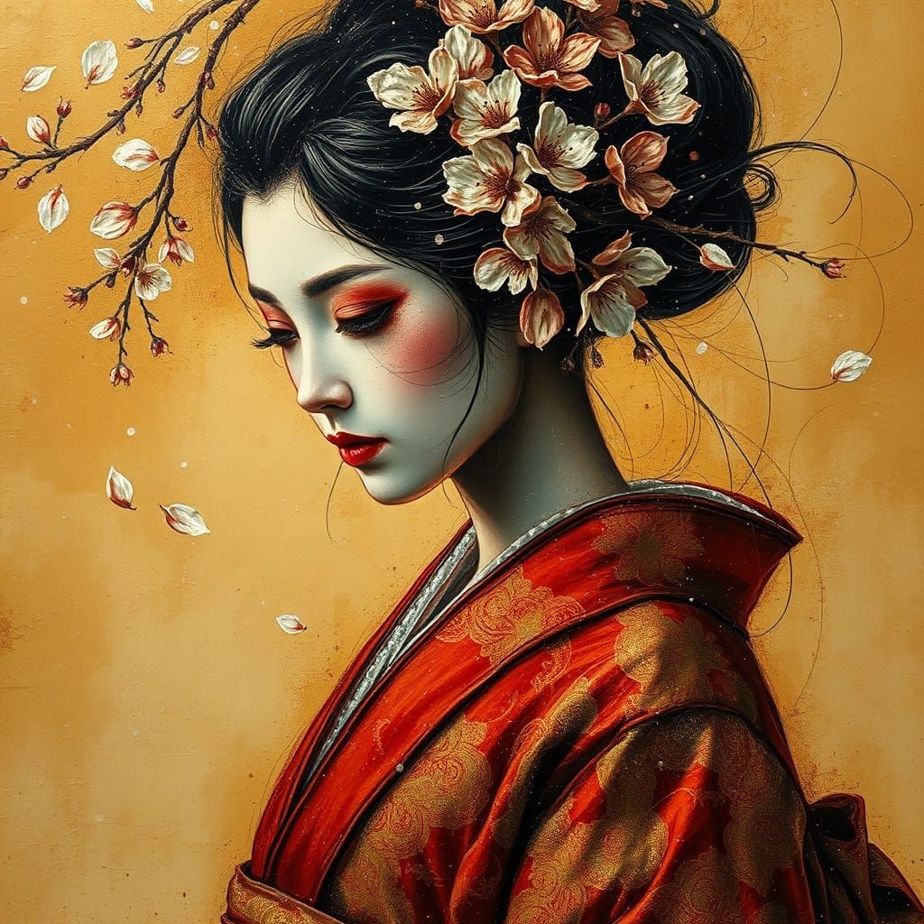 Expressionist Encaustic Painting of a Geisha with Cherry Blo...