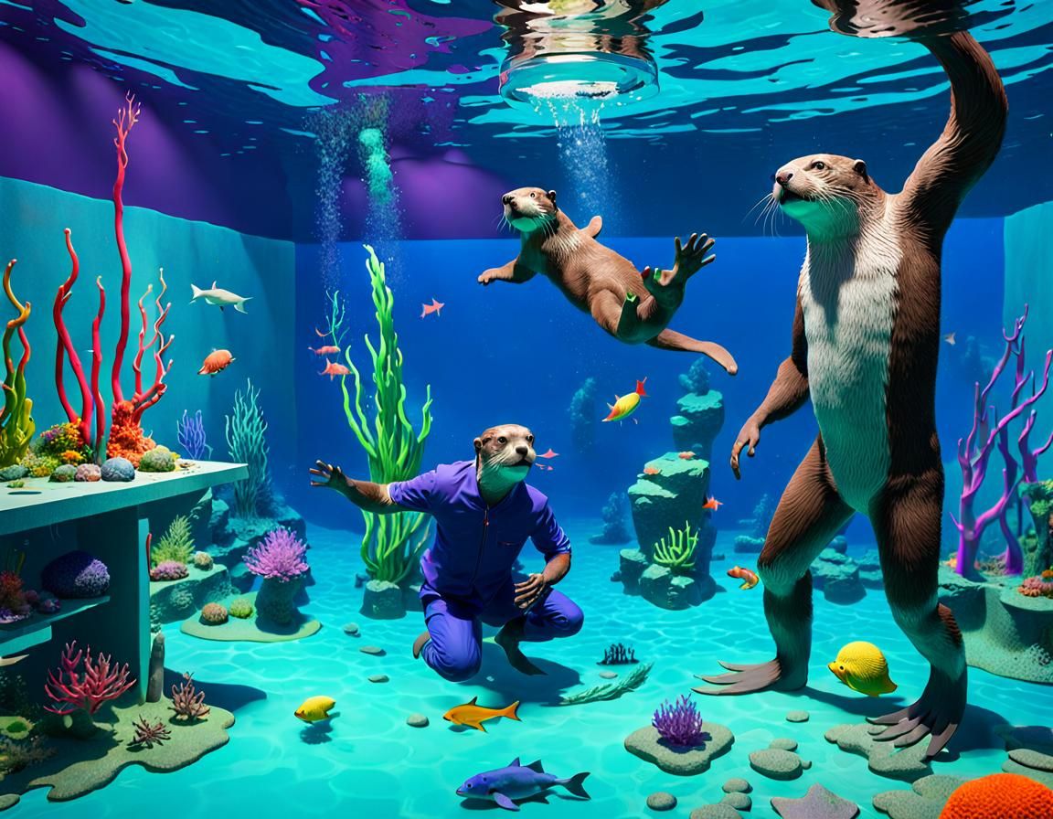 Underwater Otter Artist Studio: Hockney-Inspired Fantasy