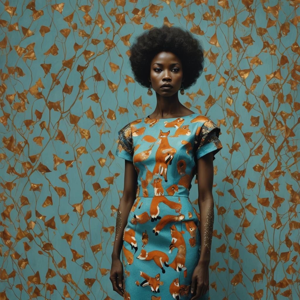 Black Woman in Fox Dress: Cinematic Art Nouveau Portrait