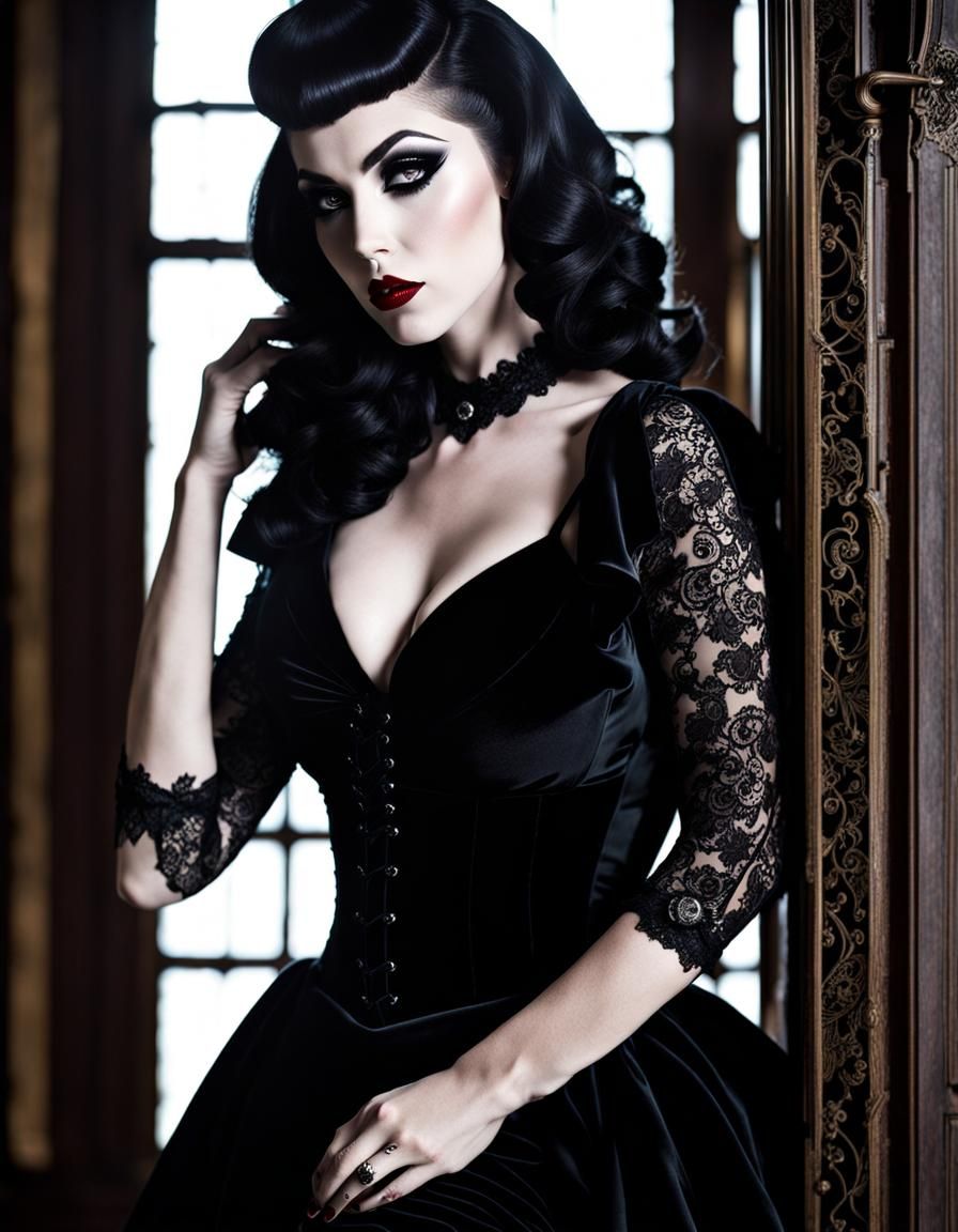 Gothic Woman in Black Lace Dress