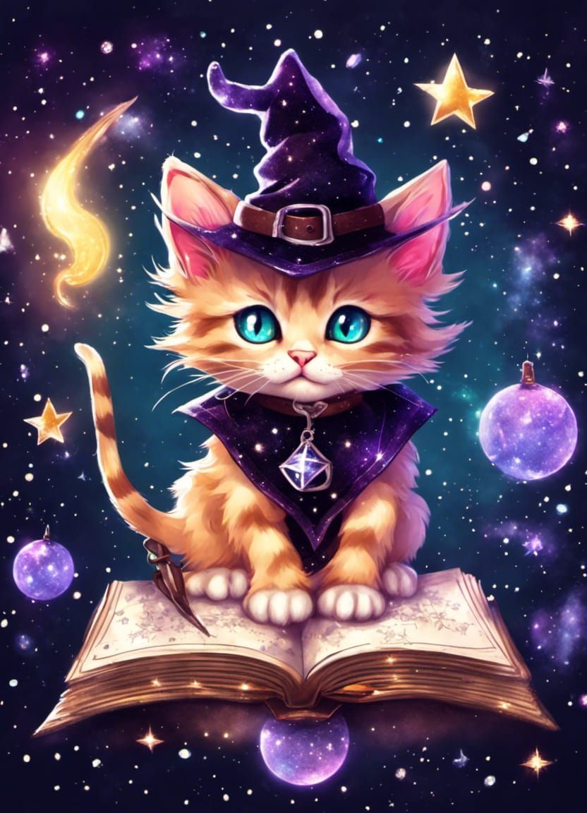 Cosmic Kitten in Witch Hat with Spellbook