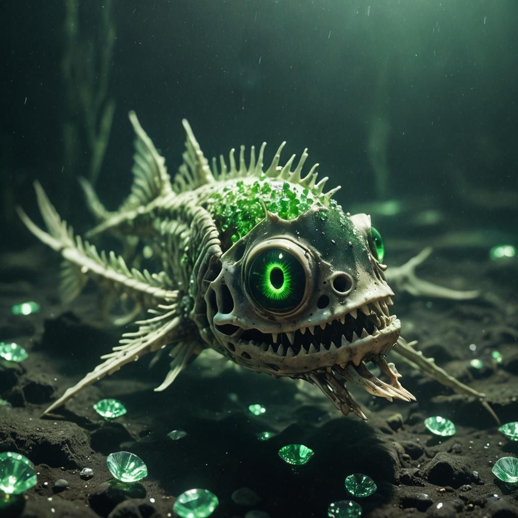 Skeleton Fish with Glowing Eyes in Film Noir Style