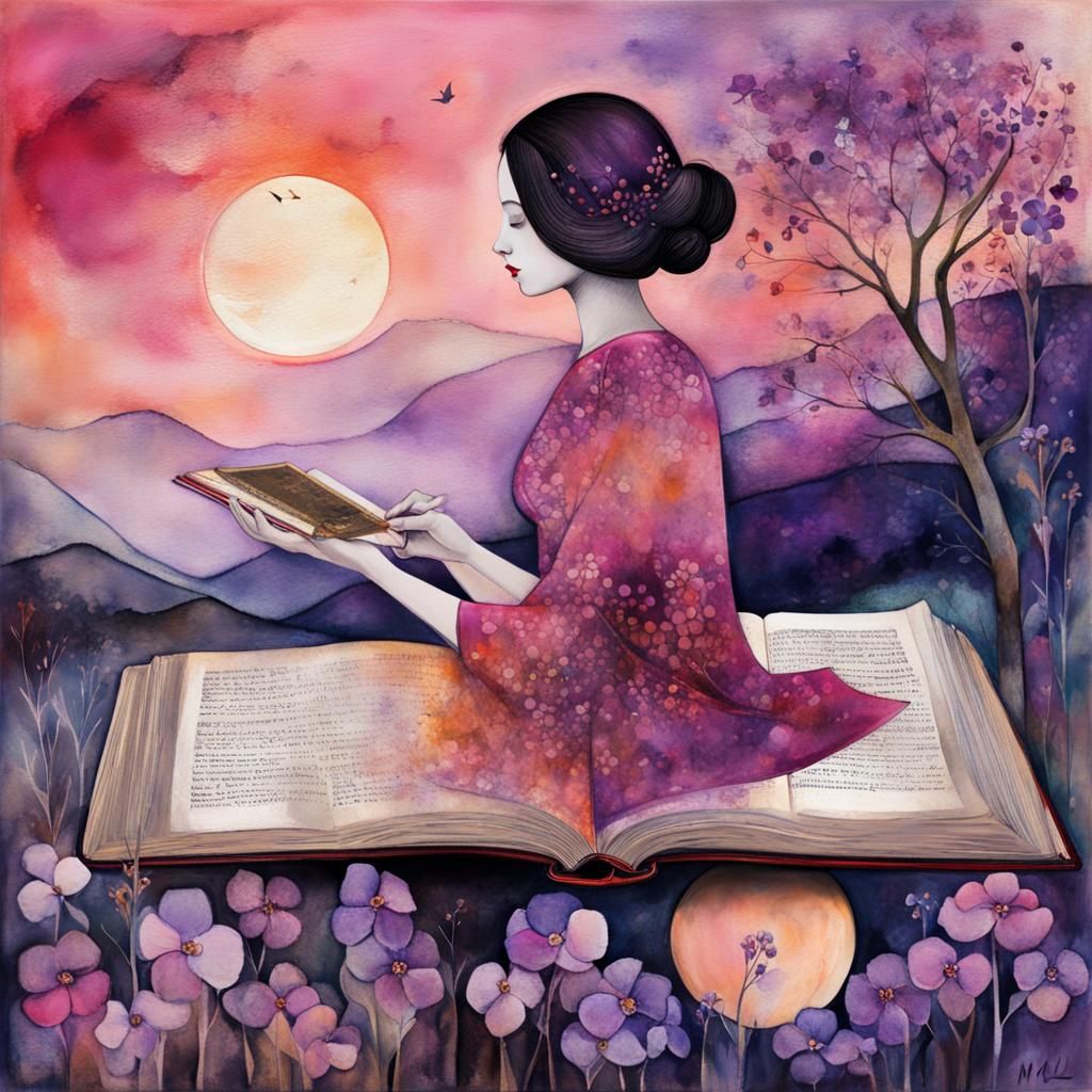Layered Watercolor Illustration: Woman, Book, Countryside