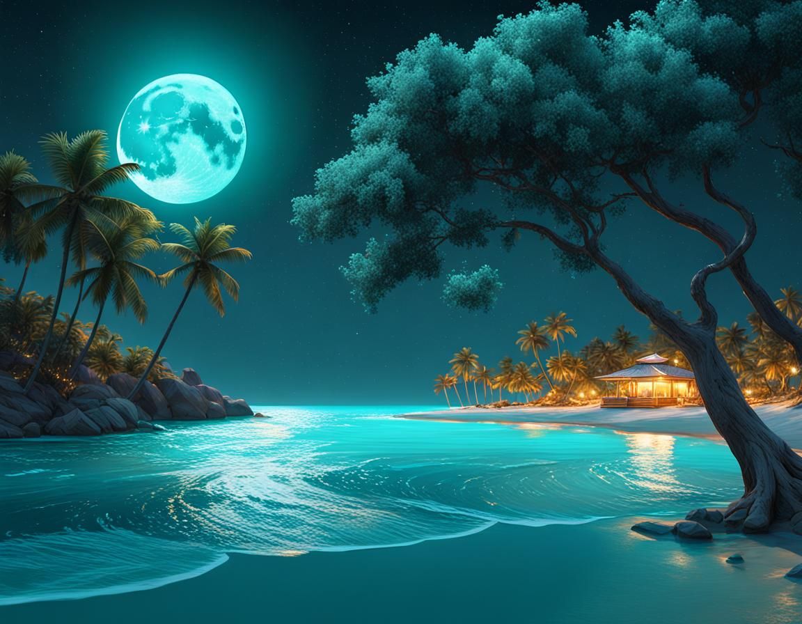 Turquoise Beach at Night in Splash Art Style