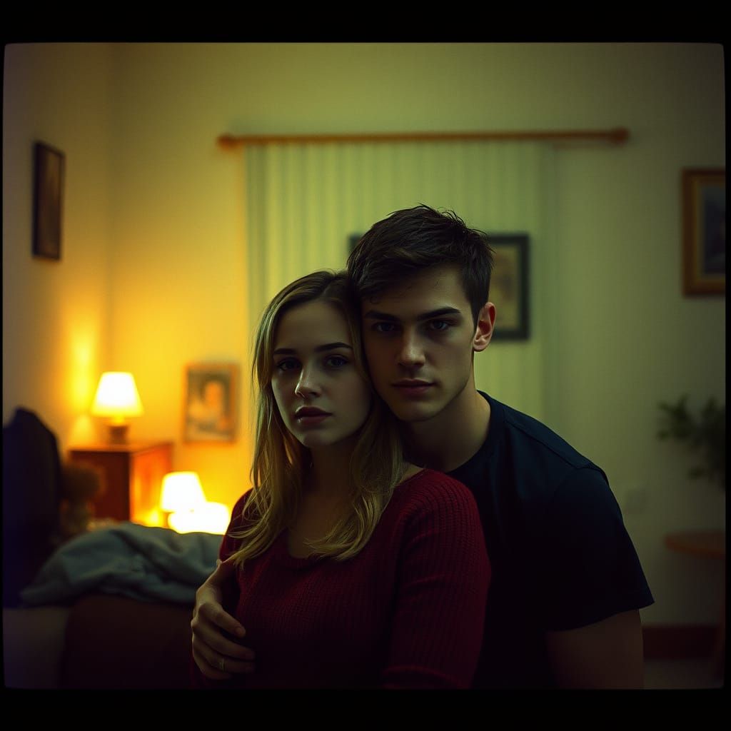 Hyperrealistic Image of Young Couple by Fireplace