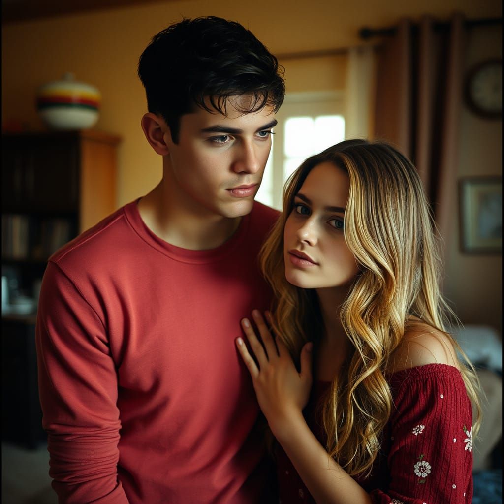 Hyperrealistic Image of a Young Couple by Fireplace