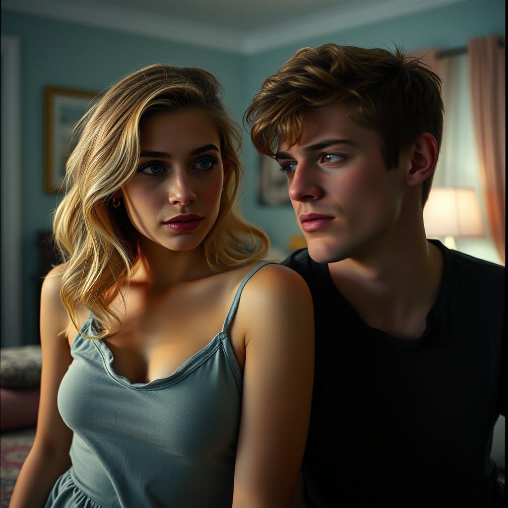 Hyperrealistic Image of a Blonde Woman and Man by Fire