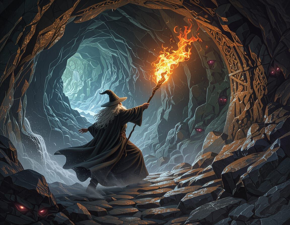 Gandalf Battles Balrog in Fiery Moria Ravine