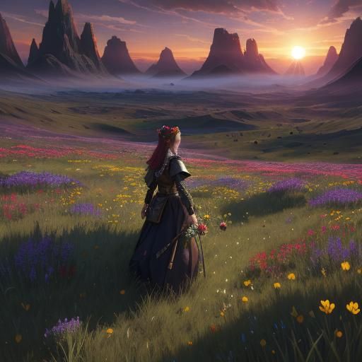 Moody Girl Picking Flowers at Sunset: Detailed Matte Paintin...