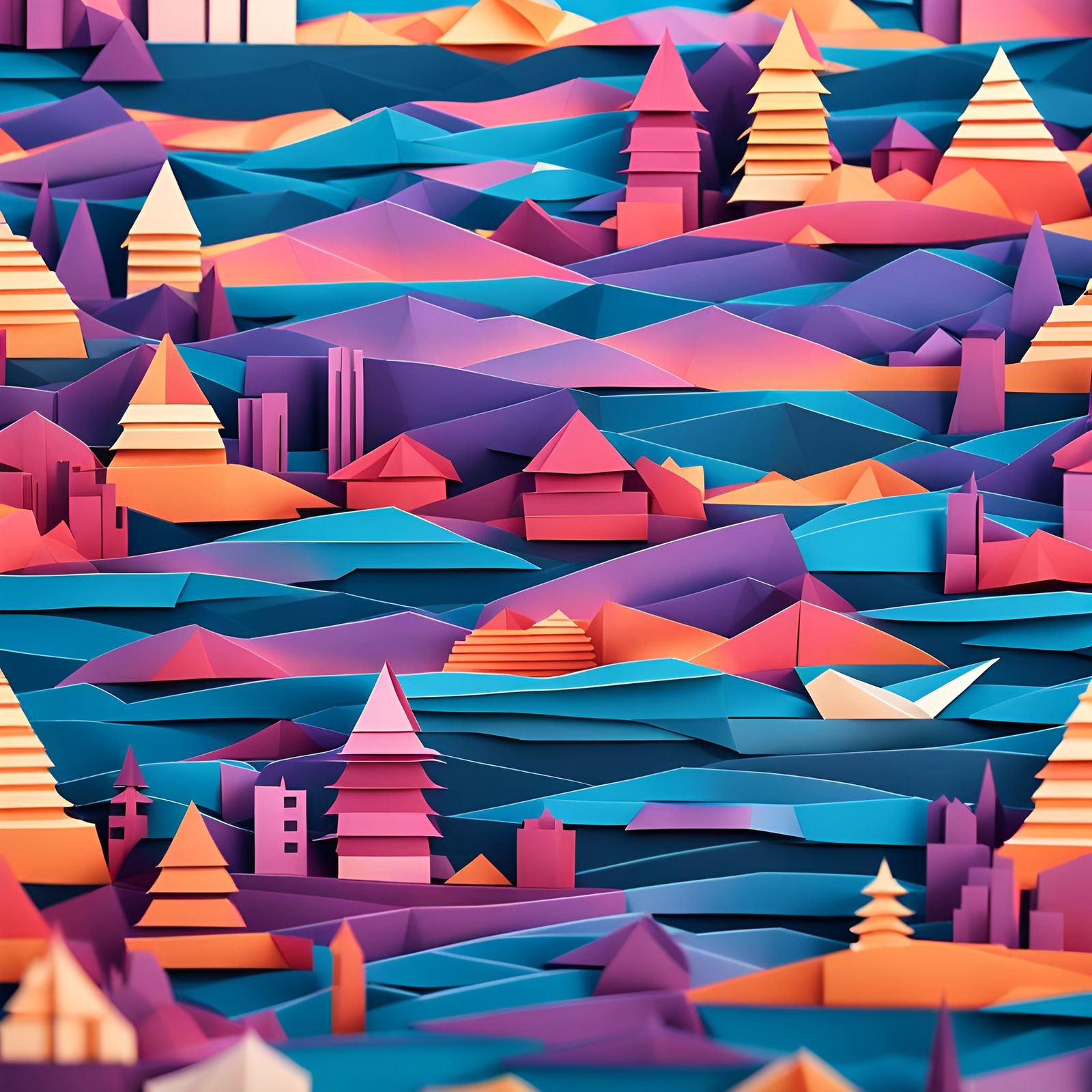 Origami Sunset Cityscape in Papercraft Style