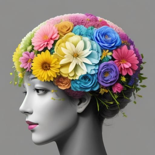 Brain Hemispheres: Realistic Gray Matter and Floral Bloom