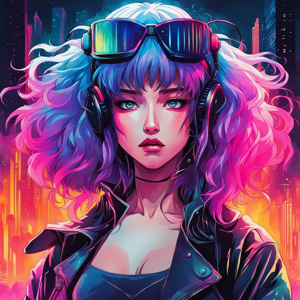 Cyberpunk Vaporwave Design with Watercolor Ink Splashes