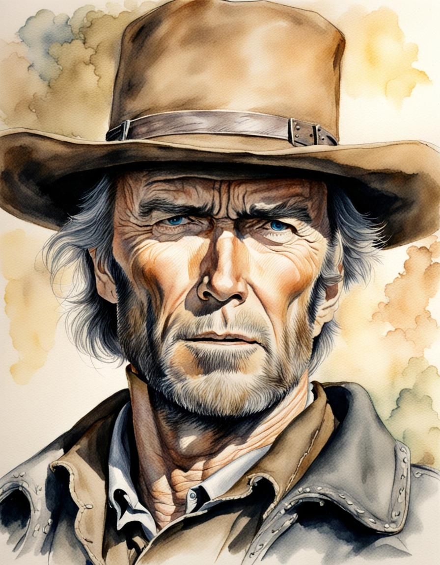Western Hero Portrait in Pencil and Watercolor