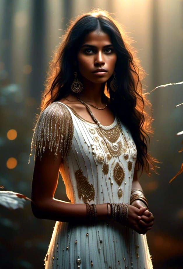 Indian Girl in White Beaded Leather Dress