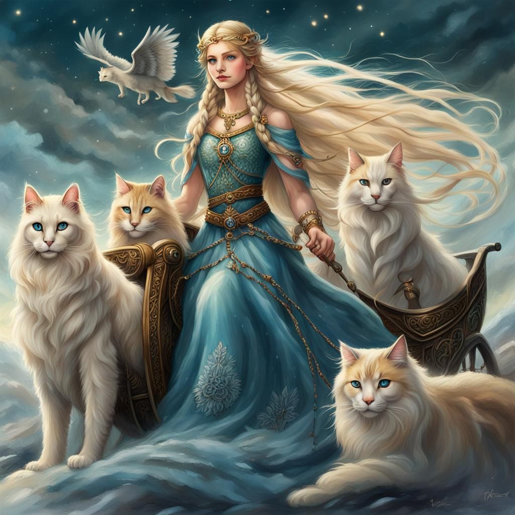 Freya, Nordic Goddess, Pulled by Cats