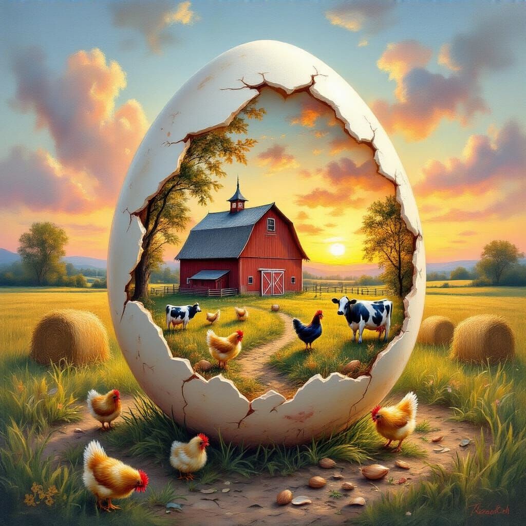 Farm Inside Egg: Impressionistic Surreal Scene