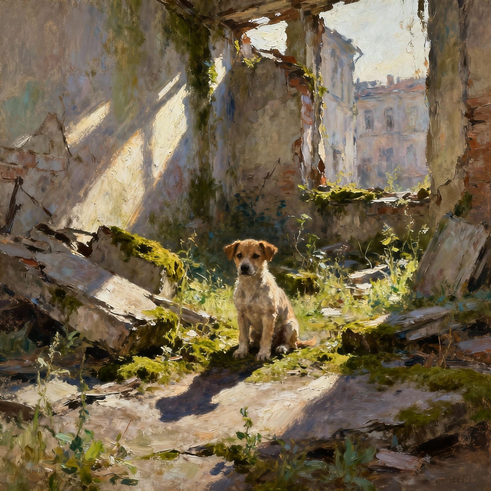 Puppy in Crumbling Cityscape, Impressionistic Acrylic Painti...